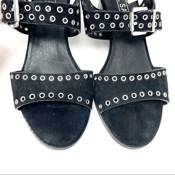 SOL Sana Black Sweet Pea Black Studded Suede Block Heeled Sandals Size 39 - Picture 9 of 11